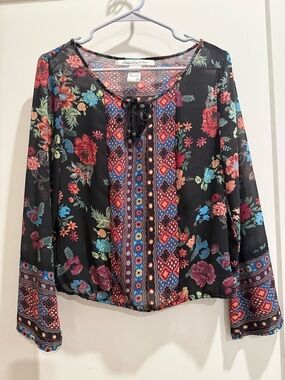 American Rag - Sans Souci Black Floral Lace-Up Boho Blouse
